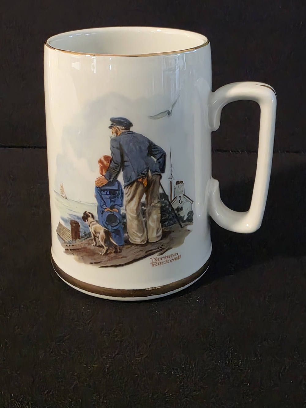 Norman Rockwell White Ceramic Mug with Figurative Sailor Scene and Gold Trim - Picture 1 of 4
